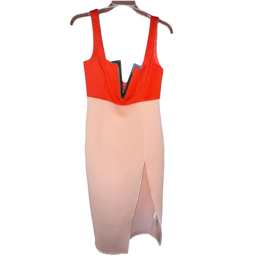 ASOS DESIGN Color Block Gold V Bone Thigh High Midi Dress Orange Size 8